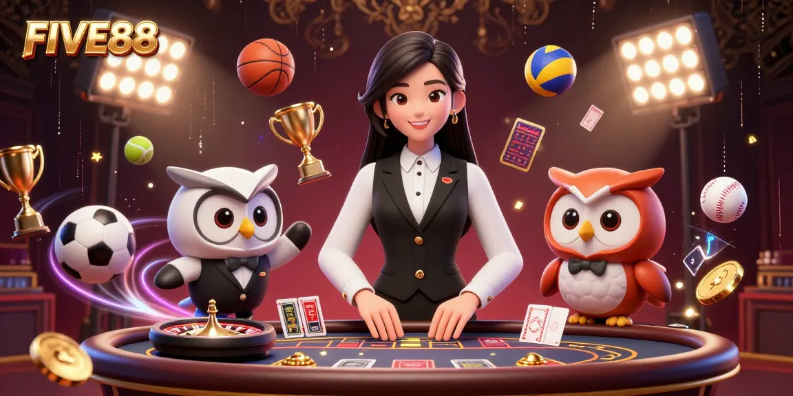 Experience thrilling gaming action at FIVE88 with a charming dealer and dynamic sports elements included in vibrant casino illustration.