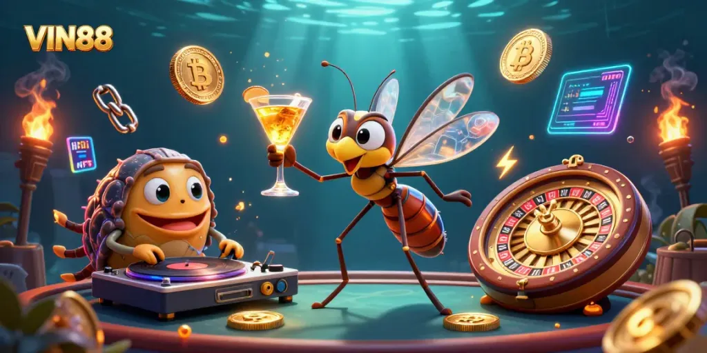 Experience thrilling gaming action at VIN88 with animated casino mascots and crypto elements.