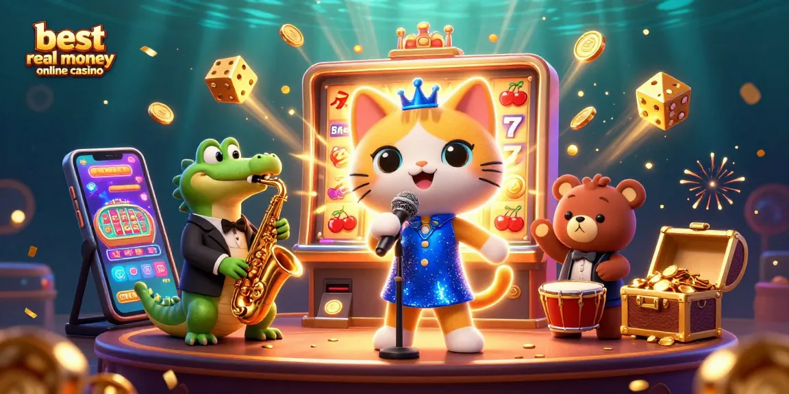 The best real money online casino features a vibrant 3D jazz scene with a singer cat, crocodile, and bear, surrounded by slot machines and treasures.
