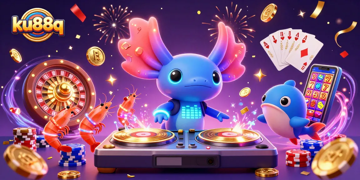 The lively ku88q casino scene showcases a vibrant axolotl DJ and colorful characters amidst dazzling gaming elements.