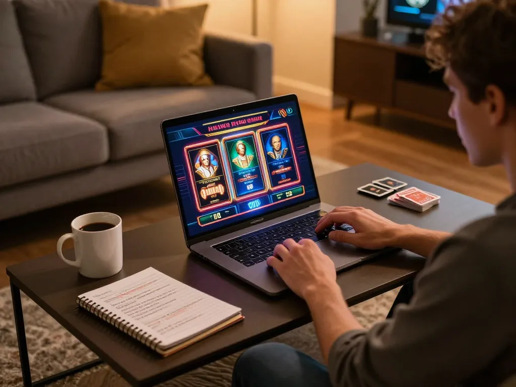 Person enjoying an online slot game on a laptop, capturing the excitement found at https://net88.wtf/ in a cozy home setting.