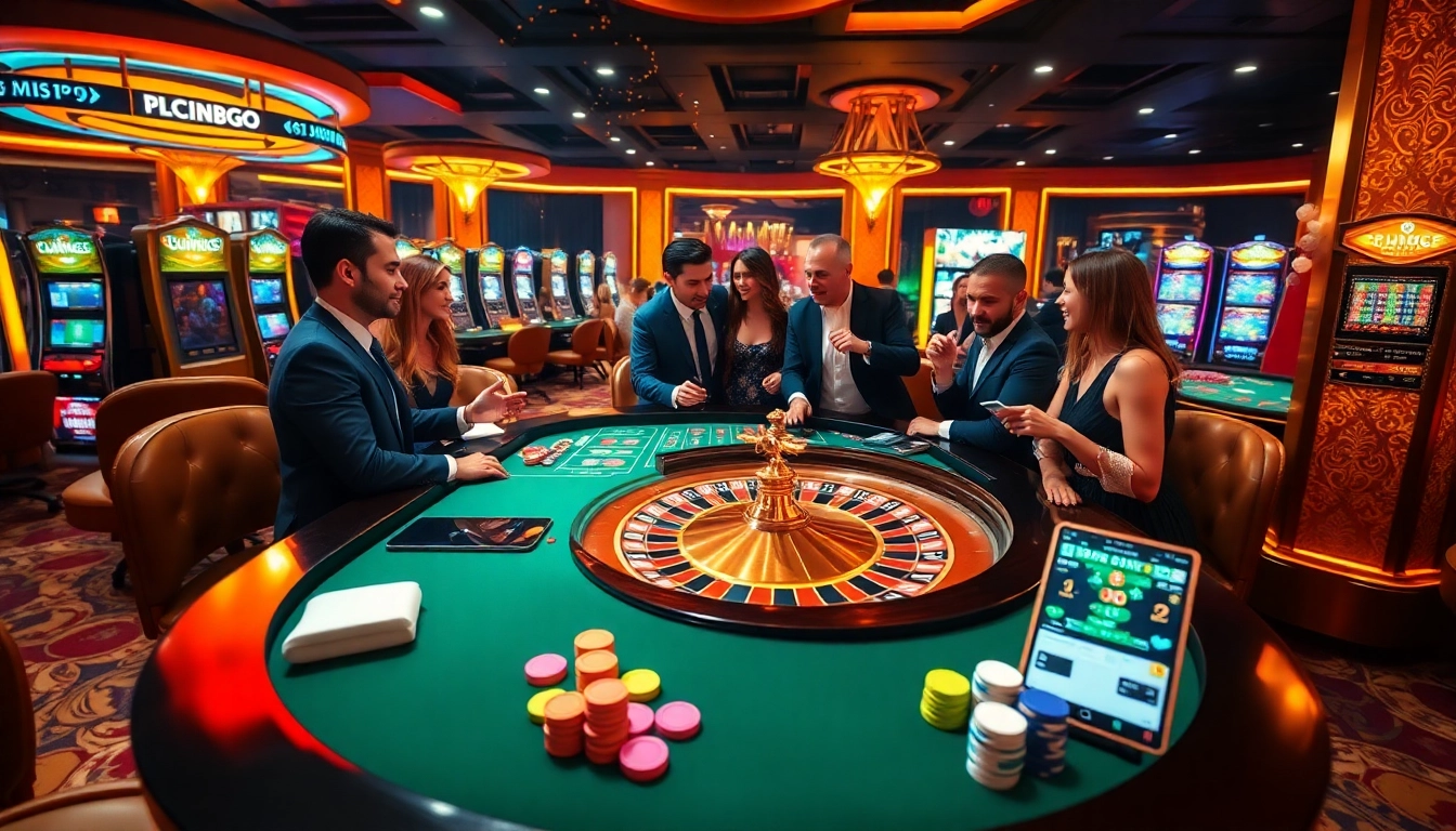Engaged players at a go8-themed casino table, showcasing excitement and luxury in gambling.