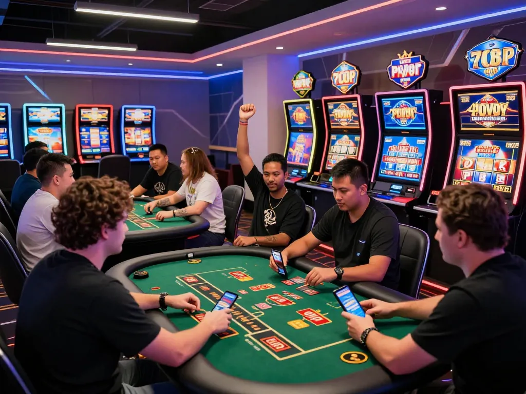 Players enjoying an exciting gaming experience at 789 P's vibrant online casino, engaging in live dealer games and slot machines.