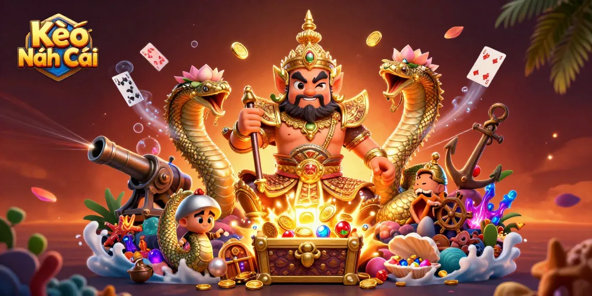 Engage with Kèo Nhà Cái through a 3D art scene filled with guardians, treasures, and dynamic casino elements.
