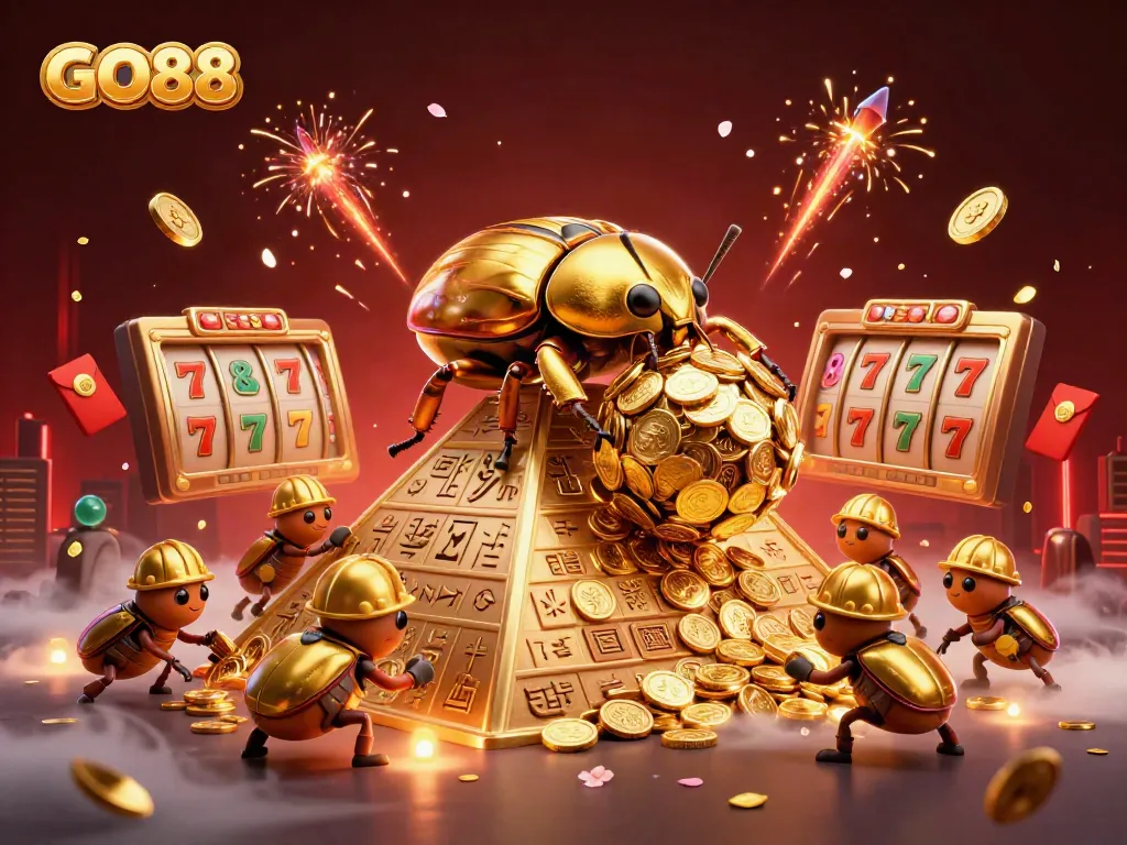 GO88 offers thrilling casino adventures with golden beetles and stacked coins.