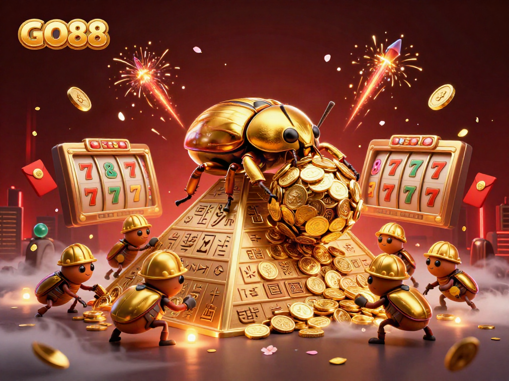 GO88 offers thrilling casino adventures with golden beetles and stacked coins.