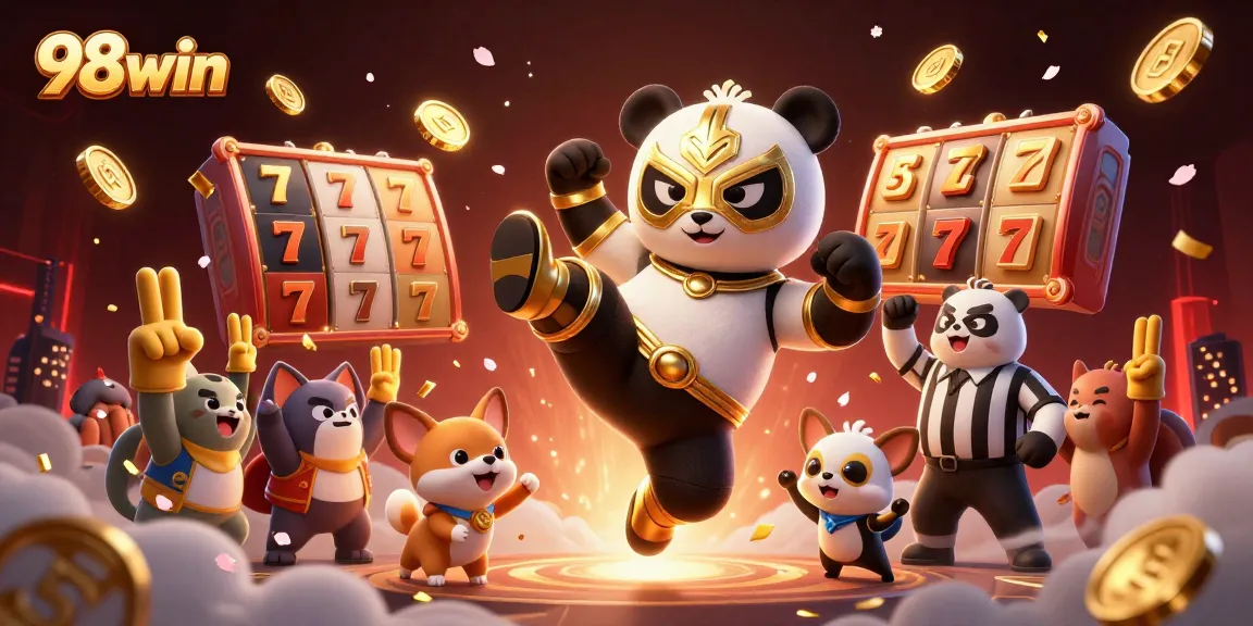 Experience thrilling gameplay at 98win with a vibrant illustration of a panda wrestler and exciting casino elements.