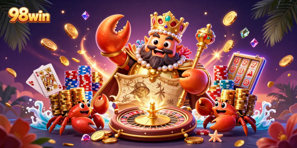 Experience exciting games at 98win with a dynamic scene featuring a golden crab emperor and casino elements.