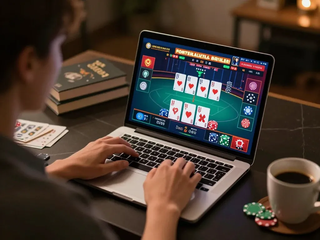 Engaging online gaming session at Nhà cái F168 with live dealer interface, person focused on gameplay.