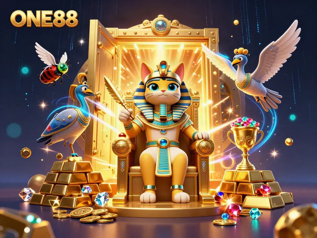 ONE88 showcases a vibrant casino scene with rich treasures and dynamic elements, capturing the exciting gambling experience.