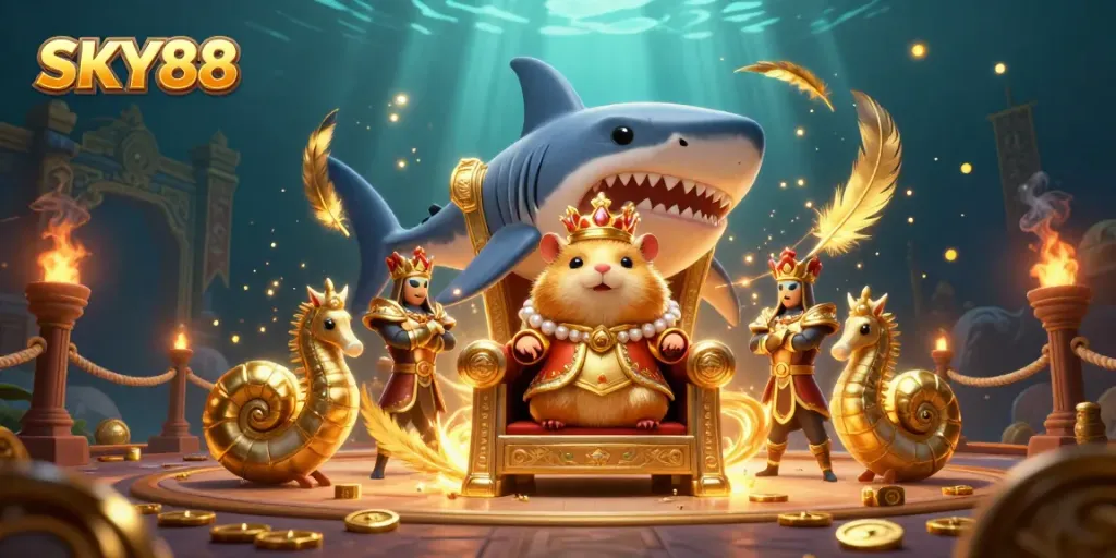 Engage with the thrilling world of SKY88, featuring a hamster king and dynamic casino elements.