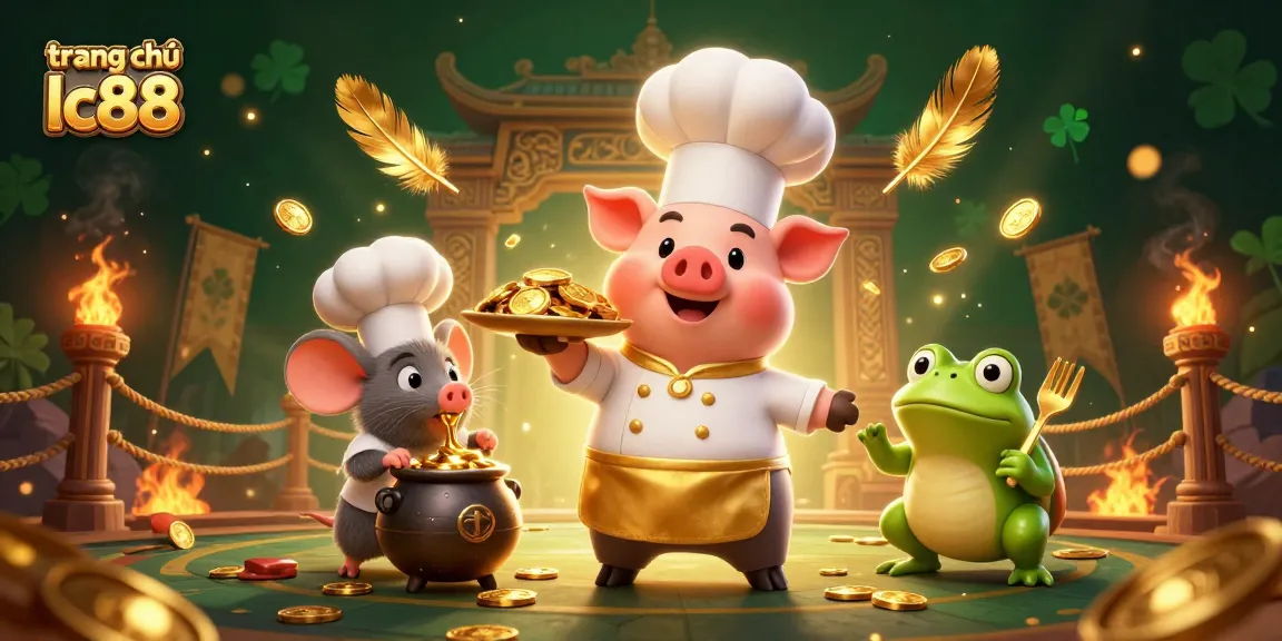 Experience action-packed gaming at trang chủ lc88 with a vibrant 3D casino scene featuring a chef pig, sous-chef mouse, and critic frog.