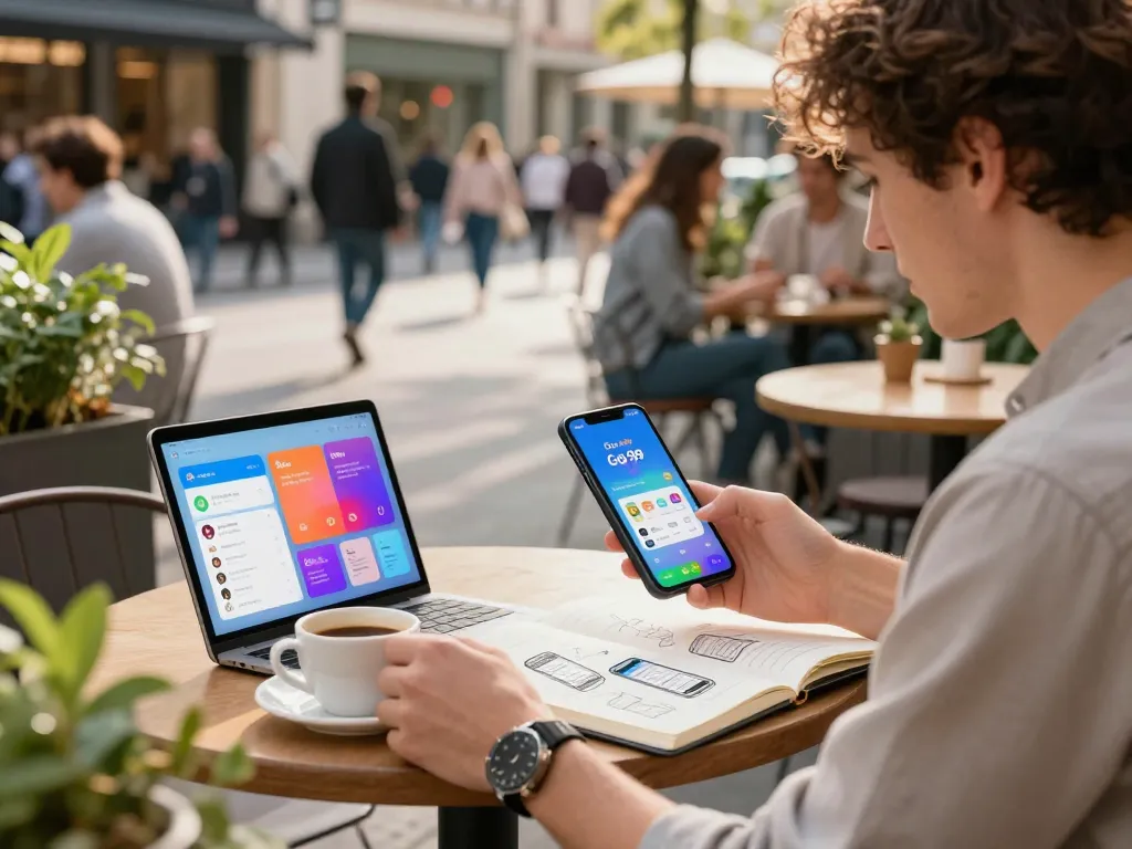 Engaging with the Go 99 promo plan outdoors while showcasing vibrant app interfaces and technology.