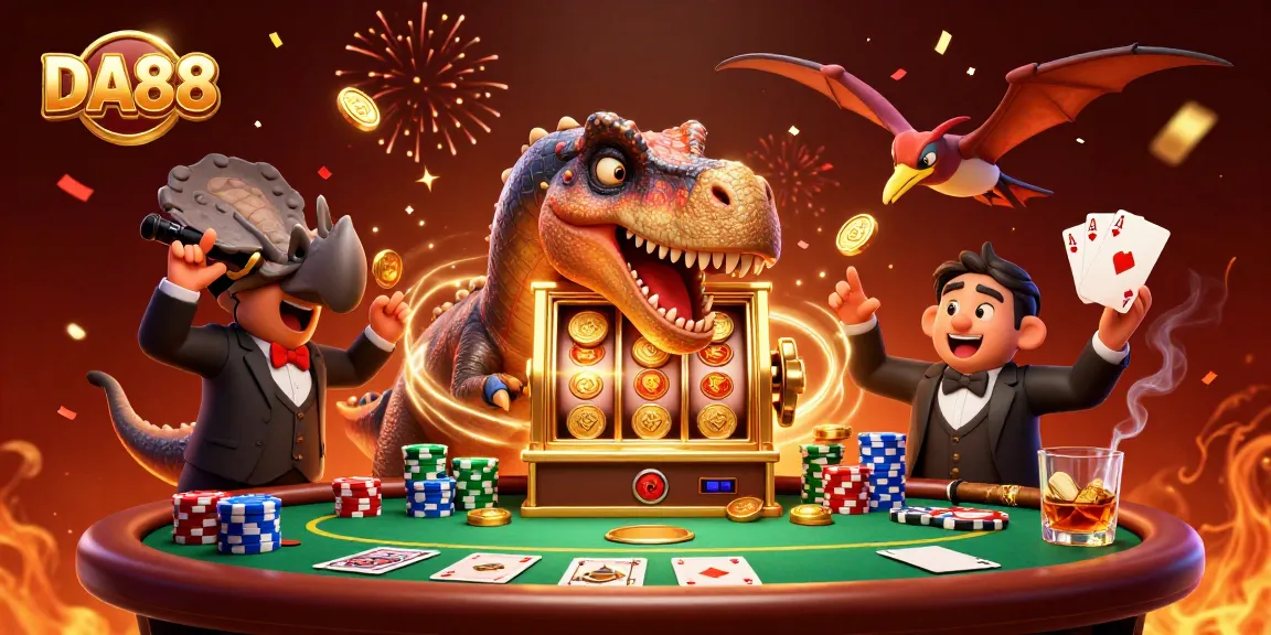 DA88 casino illustration with a pachycephalosaurus hitting a slots machine while coins rain around.