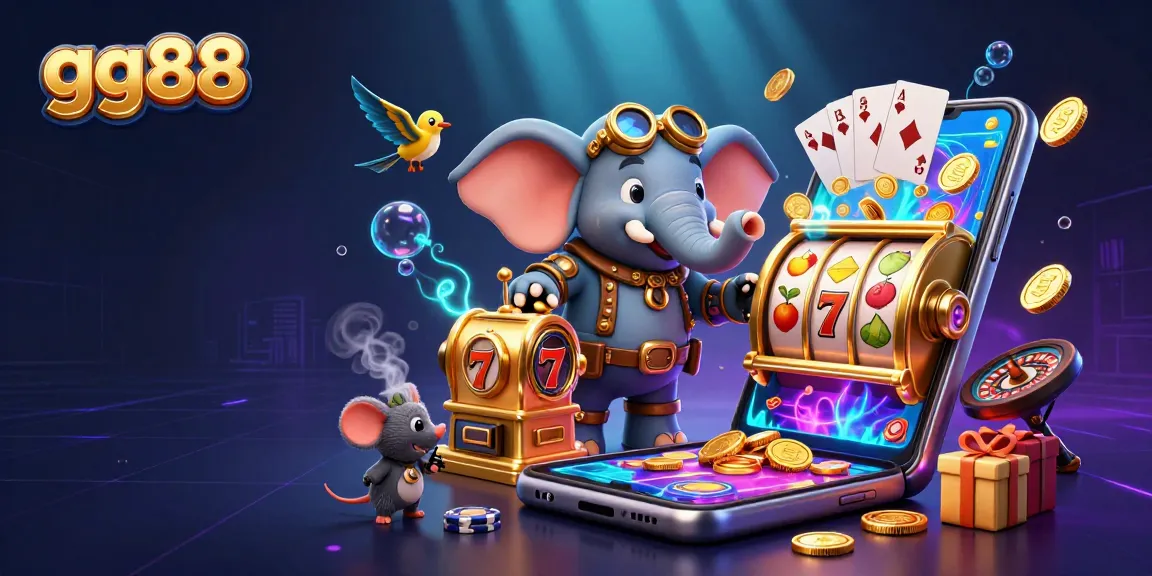 Engage with exciting slots at gg88 while a steampunk elephant operates a golden machine in vibrant 3D graphics.