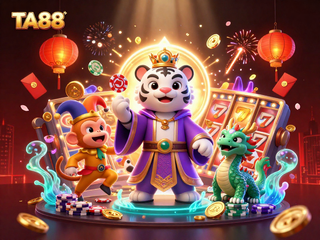 Engage with TA88's exciting casino scene featuring a royal tiger, playful monkey, and jade dragon.