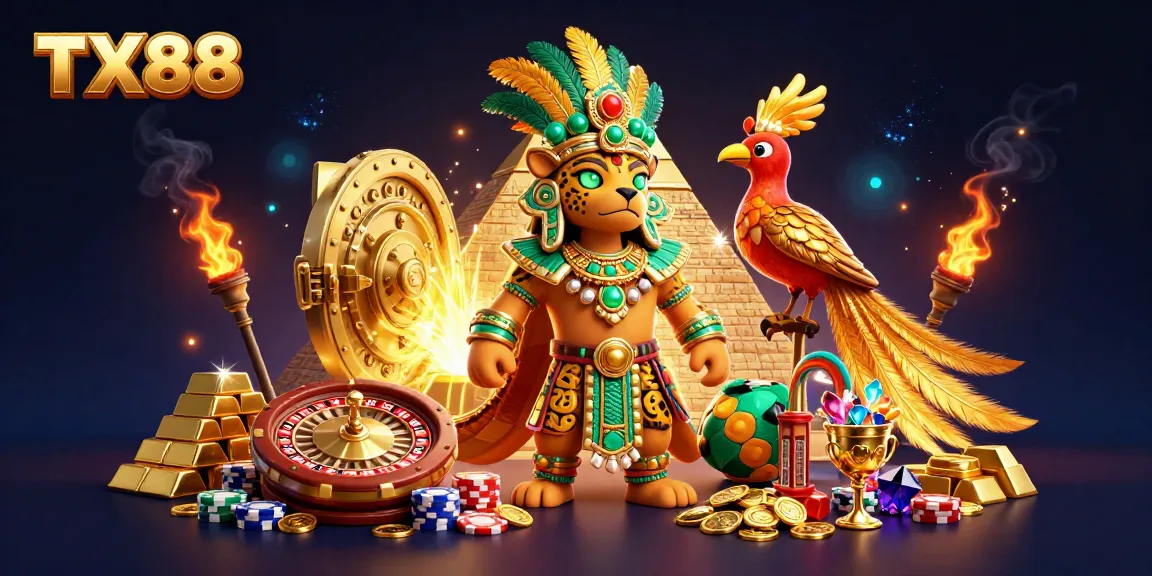 Experience the excitement of TX88 casino with 3D Mayan characters surrounded by vibrant gaming elements.
