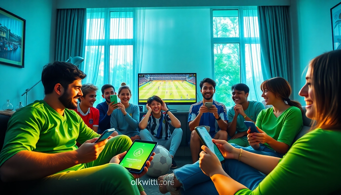 Soccer fans joyfully watching live matches on okwintv.zone on various devices.