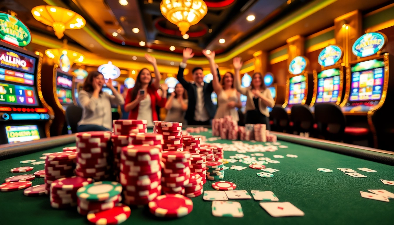 Cheerful players enjoy thrilling games at https://fly88seo.com/ with vibrant slot machines and poker tables.