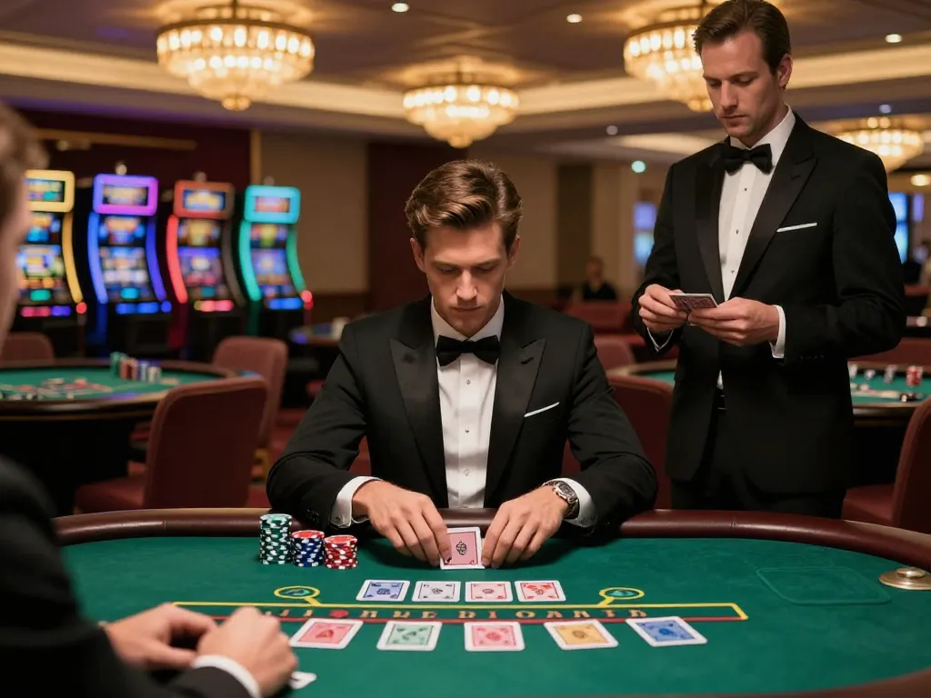Engaging scene of DA88 blackjack gameplay with focused player and colorful chips in an upscale casino