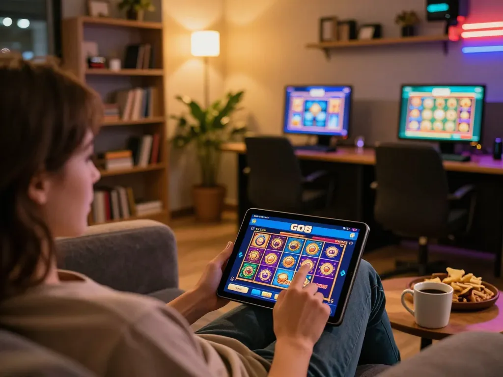 Engaging in online gaming at GO8, a player interacts with tablet displaying casino games in a cozy environment