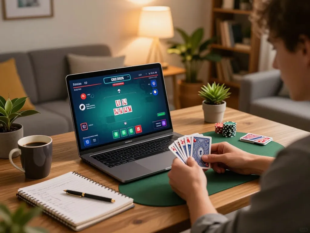 Rachit analyzes poker strategies during an online game on a laptop in a cozy home setting.