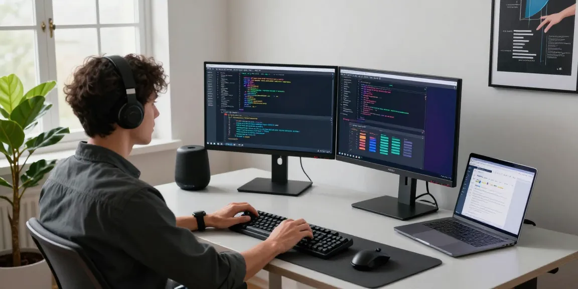 WPS Download scene showcasing a modern workspace with a developer coding on dual monitors in a professional atmosphere.