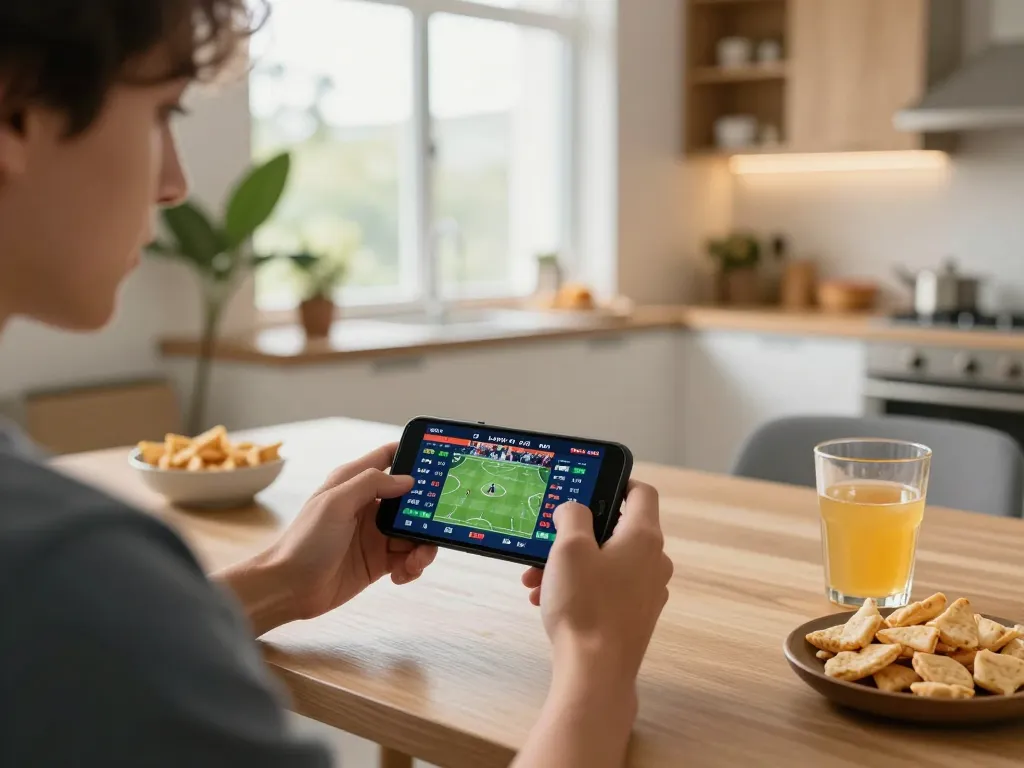 Mobile gaming at trang chủ bl555 while casually betting on sports in a cozy kitchen.