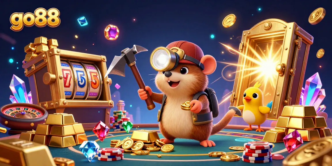 Win big with go88's vibrant casino adventure featuring a treasure hunter and sparkling gems.
