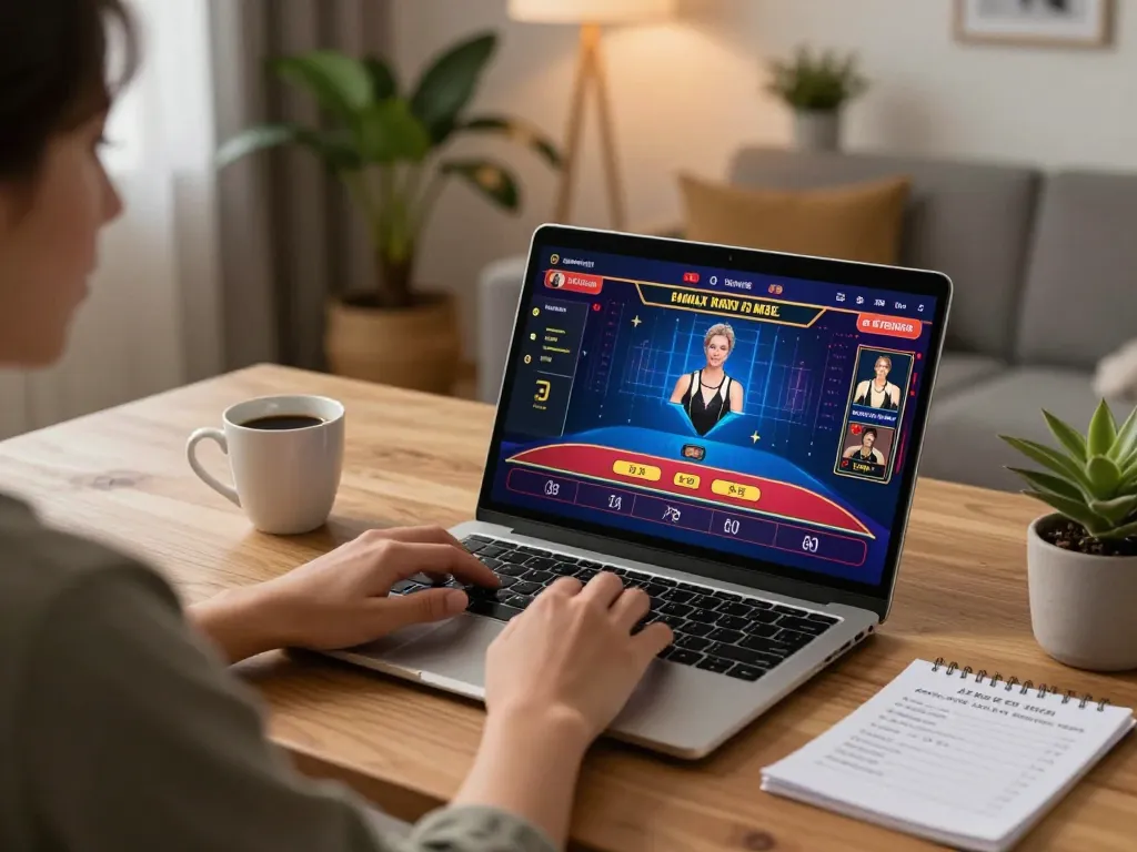 Engaging online casino gameplay at Vmax trang chủ in a cozy home environment, showcasing strategic betting actions.