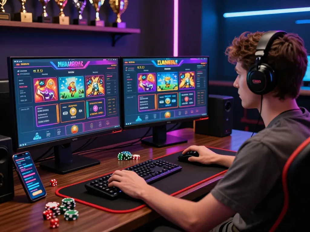 Engaged user at https://bomwin.jp.net/ gaming platform with colorful interface and interactive elements in a vibrant setting.