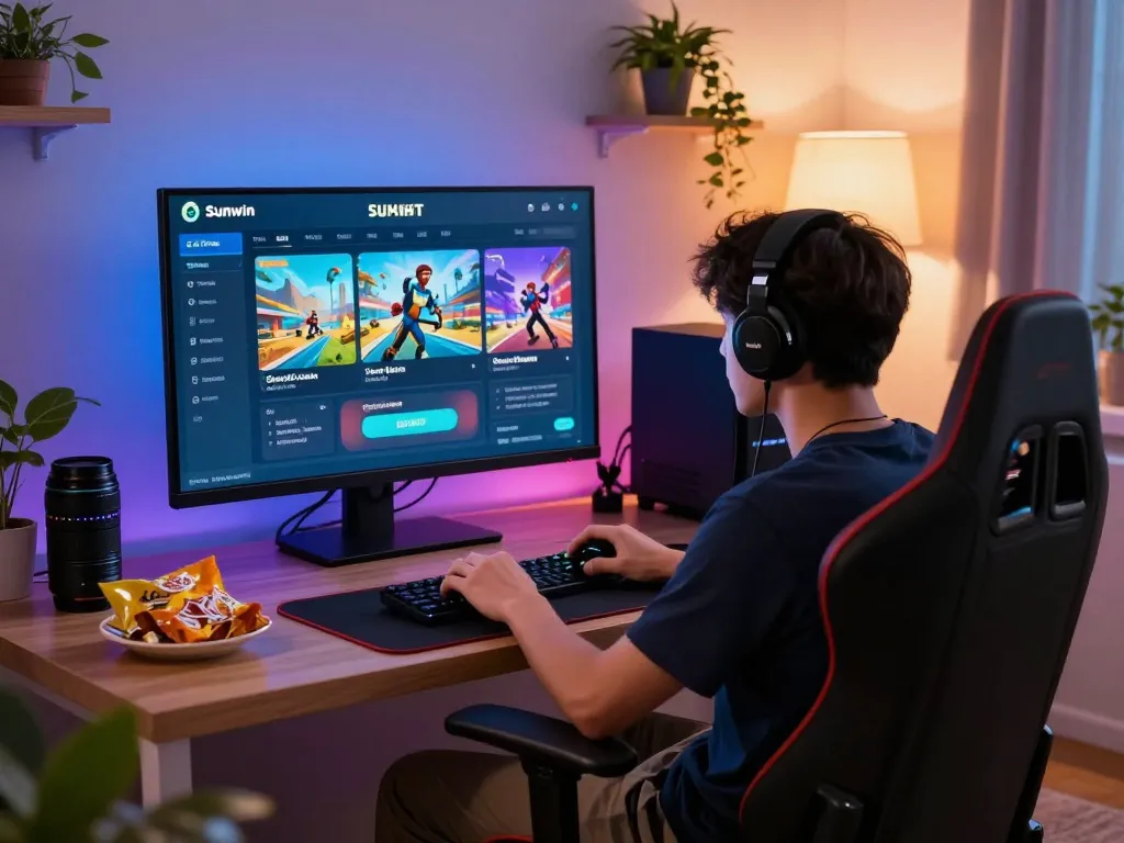 A player engaged in an online gaming session, focusing on tải sun win app, in a cozy gaming setup.