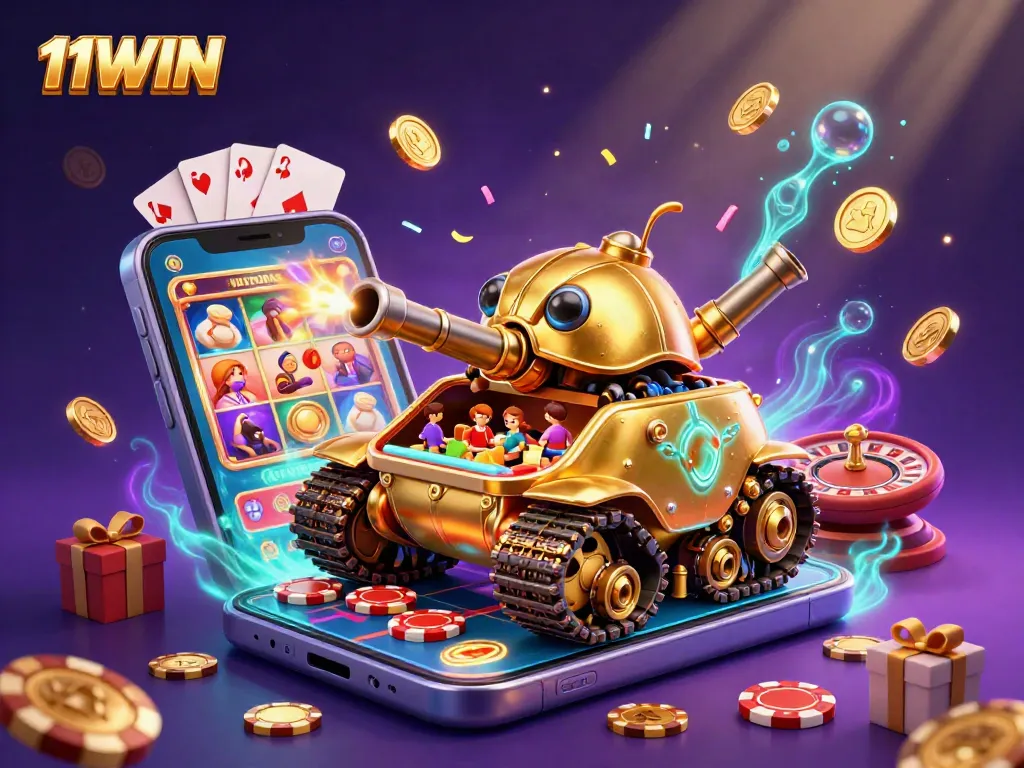 11WIN catches excitement with a golden beetle tank revealing a lively casino atmosphere, showcasing slot games and coins.