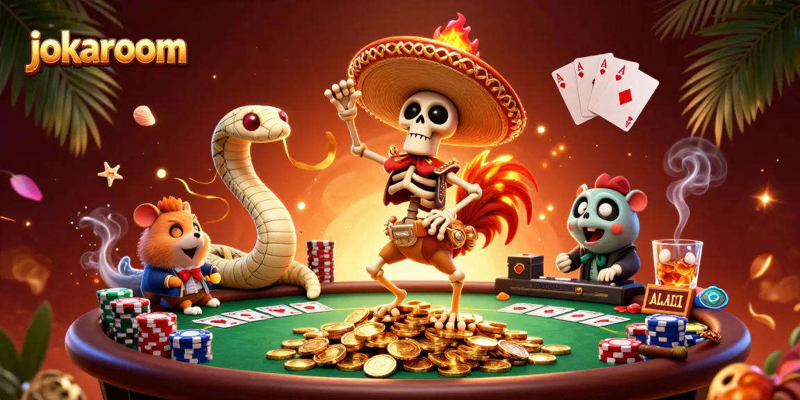jokaroom features dynamic gambling elements with a skeleton mariachi rooster celebrating amidst poker chips and coins