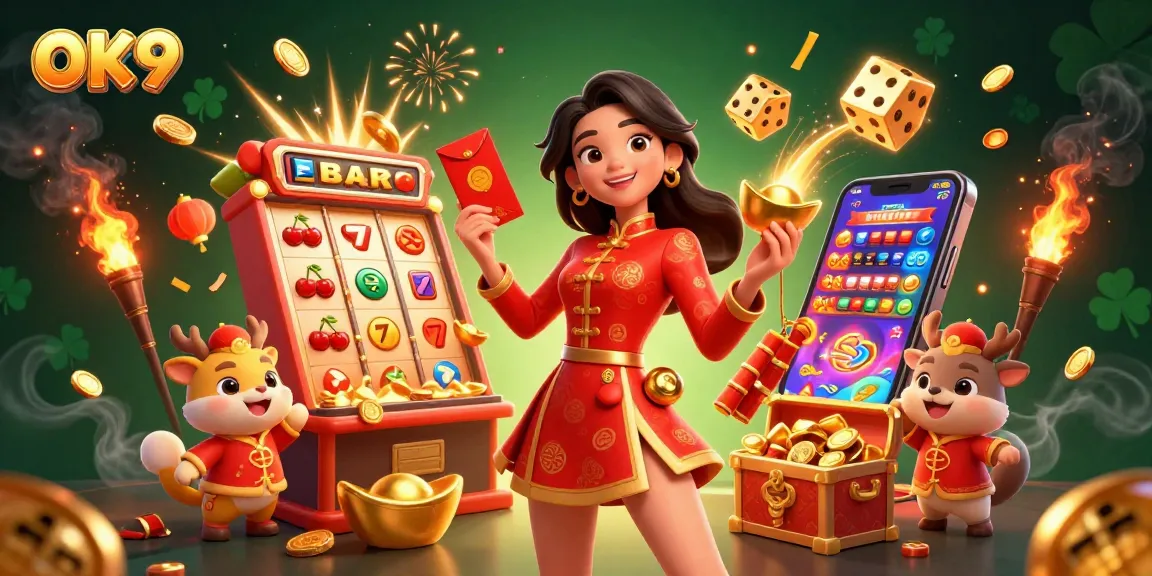 Spin the reels with OK9 at a vibrant casino featuring an Asian woman celebrating the Lunar New Year.