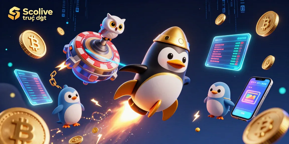 Experience Socolive trực tiếp with a vibrant 3D illustration of a penguin and crypto elements, enhancing your betting adventure.