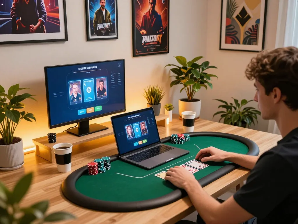 Fun88s players engaging in an exciting online poker game at a stylish home setup.