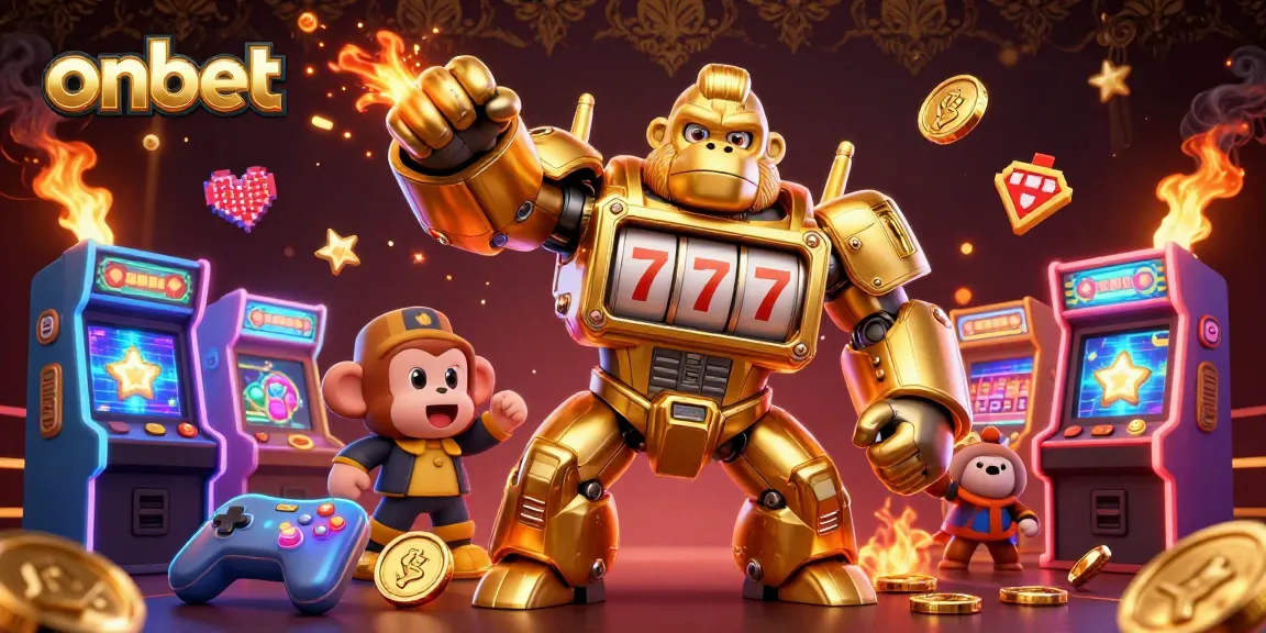Experience excitement with onbet as a golden gorilla mech bursts with coins, showcasing vibrant gambling elements.
