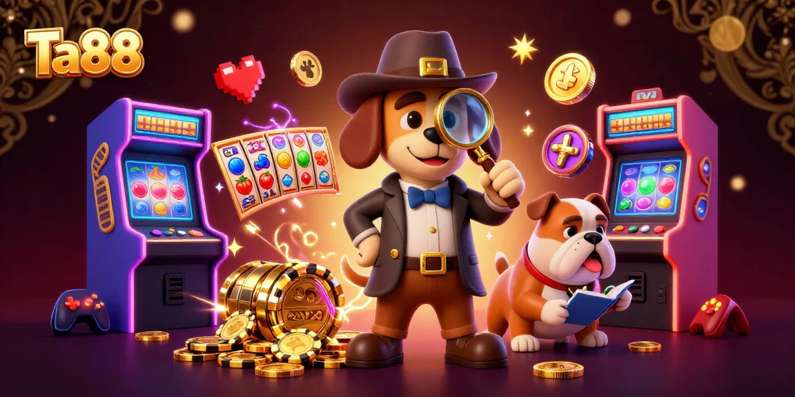 Engage with Ta88's vibrant 3D poker scene, showcasing a detective bloodhound uncovering clues amidst dazzling casino elements.