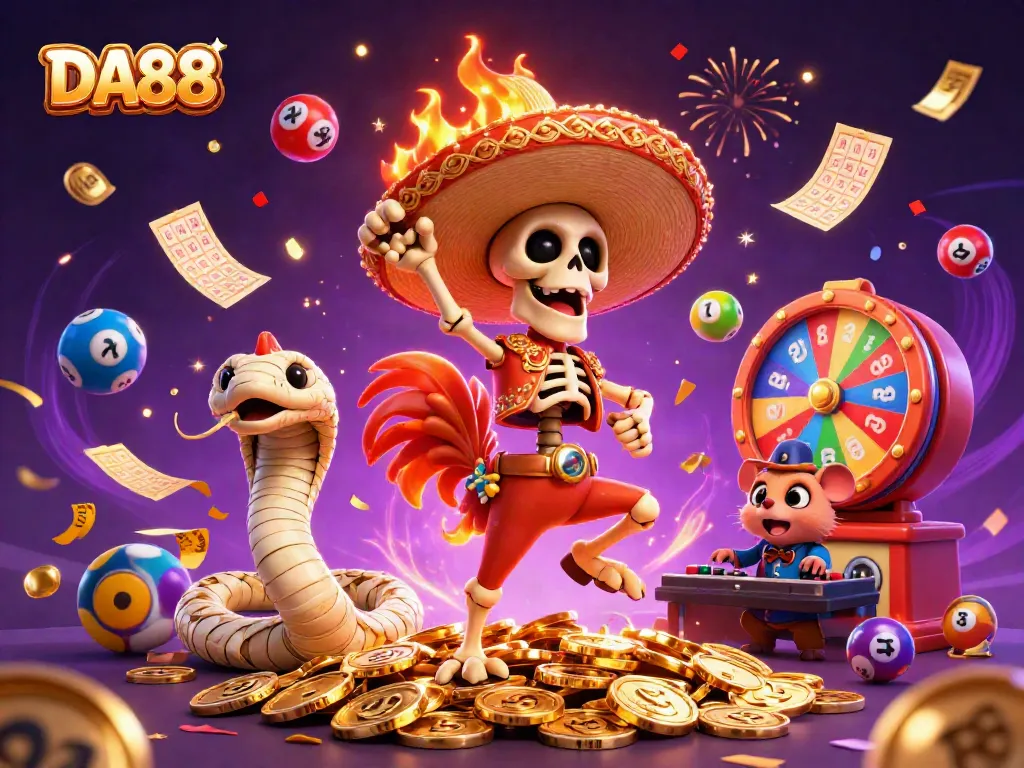 Celebrate your wins with DA88 as a mariachi rooster dances on golden coins surrounded by exciting gaming elements.