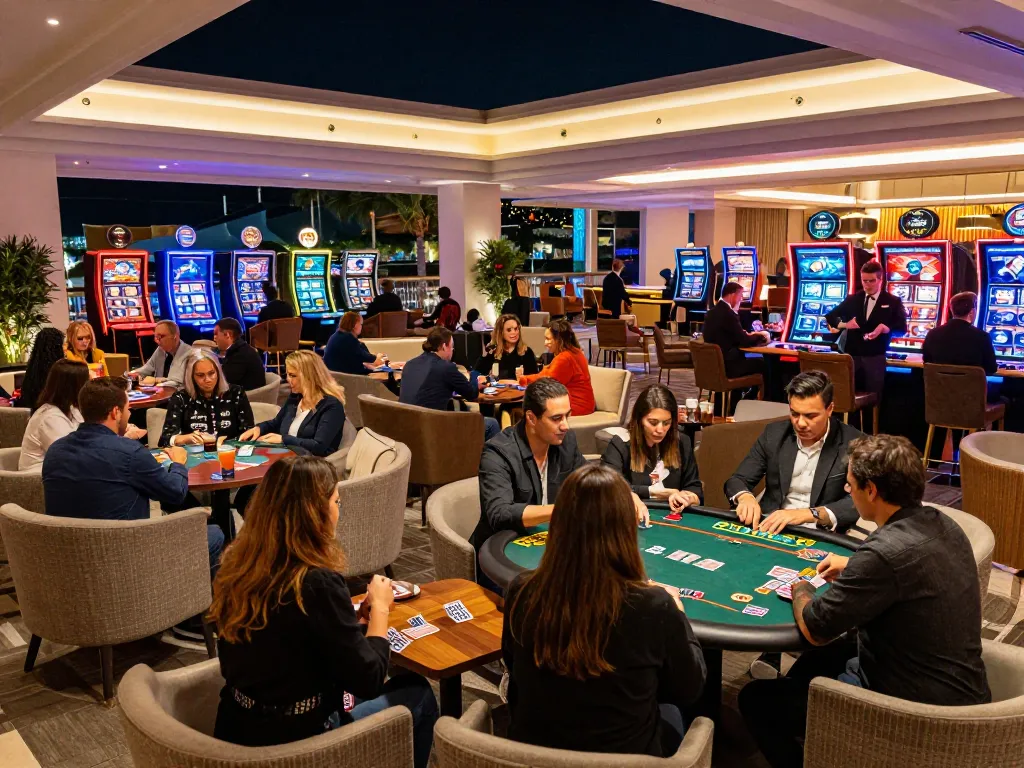 Players engaging in strategic card games at loto188's upscale casino lounge, showcasing vibrant social atmosphere