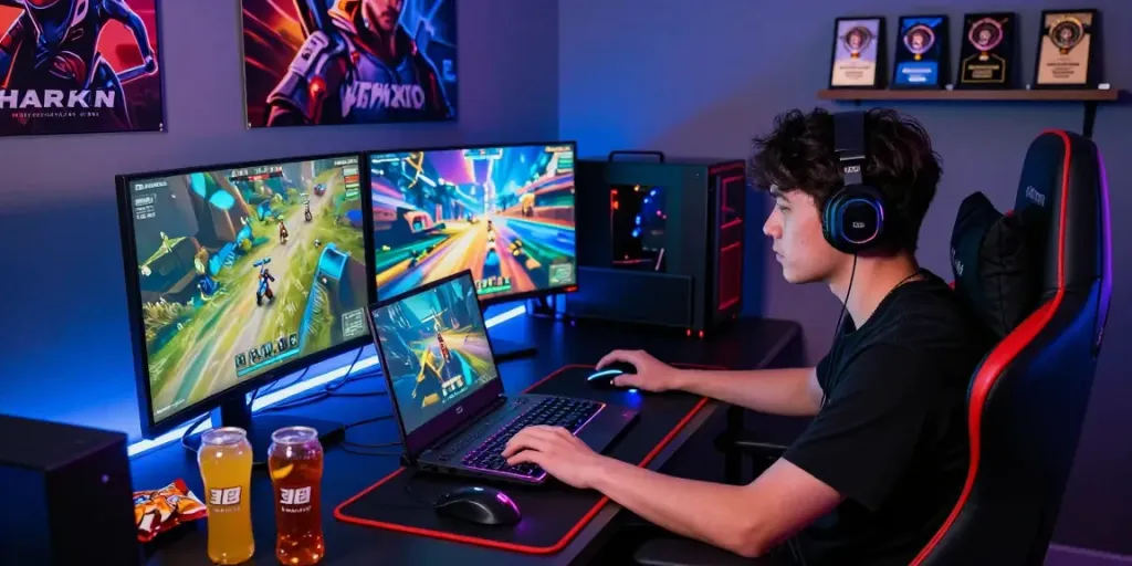 Exciting gaming scene with player focused on rokok88 login and vibrant game graphics in a dynamic, energized atmosphere.