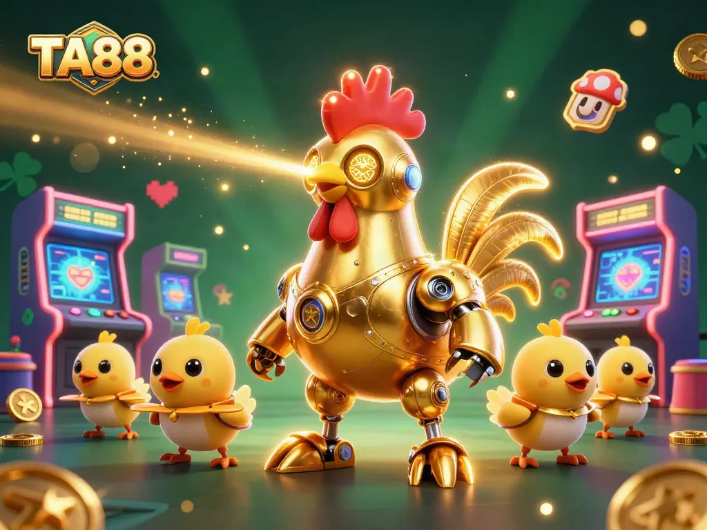 TA88 showcases a golden rooster robot and drone chicks amidst vibrant gaming elements, capturing the thrill of online gambling.