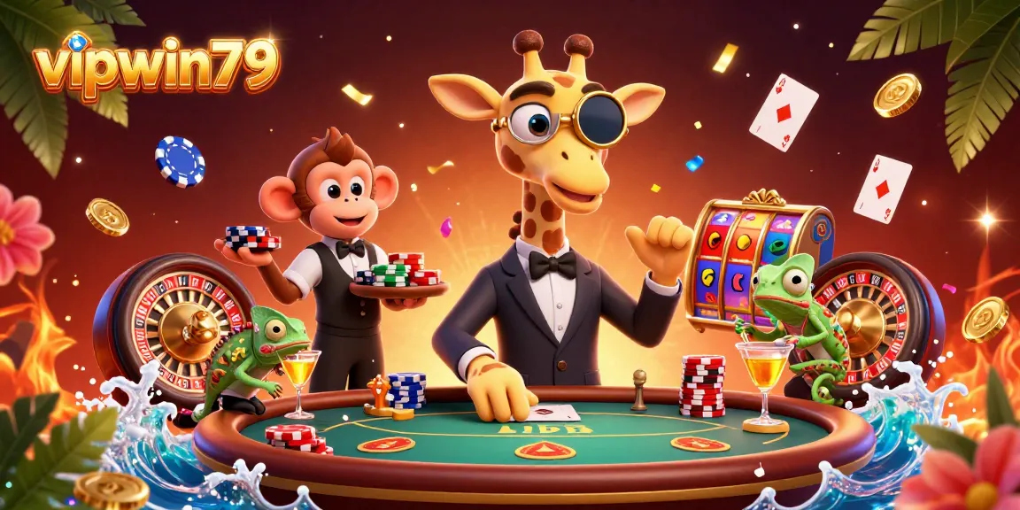 Experience the excitement of vipwin79 through a vibrant casino scene with characters, cards, and colorful elements.