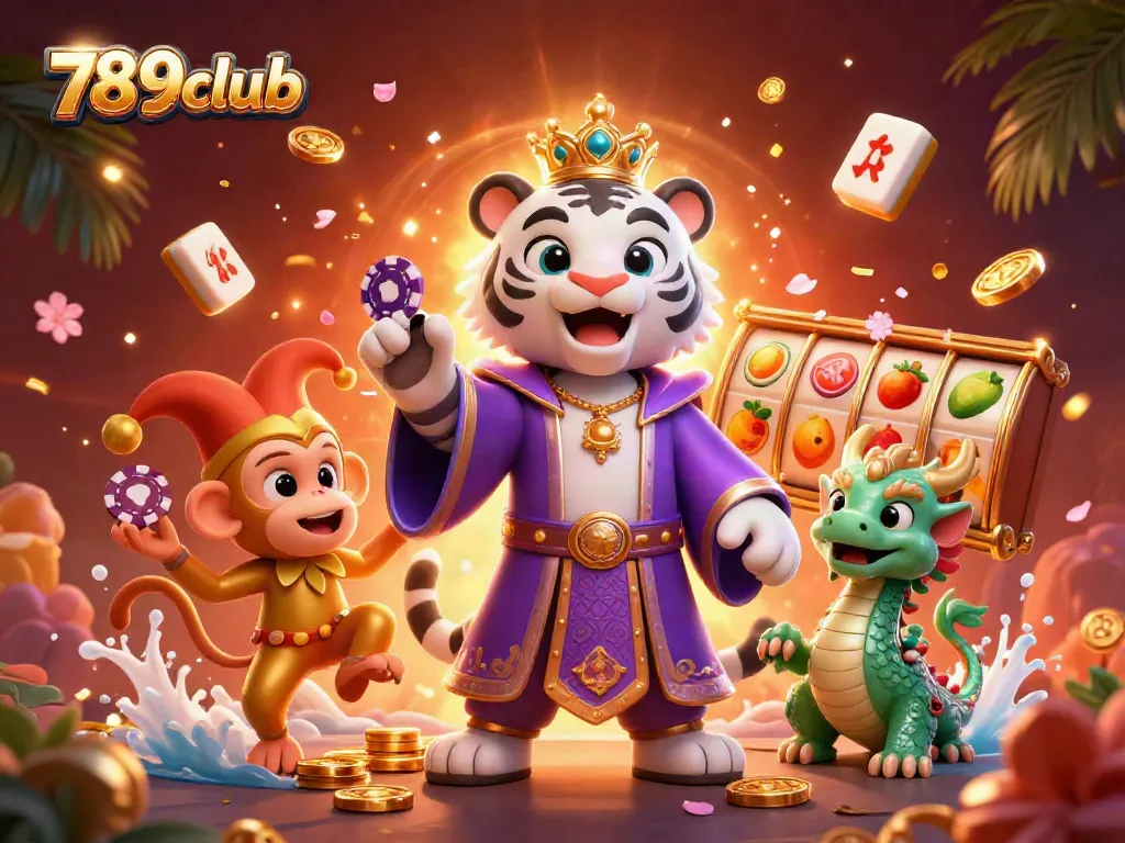 Engage with 789club's vibrant casino themed illustration showcasing a joyful tiger, monkey, and dragon amidst lively gaming elements.