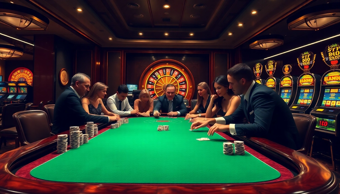Players enjoying an exciting game at a casino table linked to https://789pcenter.it.com with poker chips and cards.