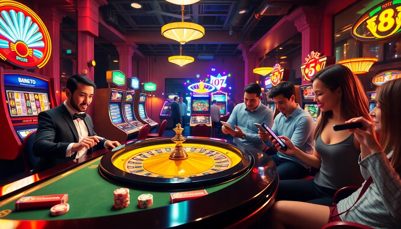 Experience online excitement at https://8live.date/ with a vibrant casino scene featuring roulette and slot games.