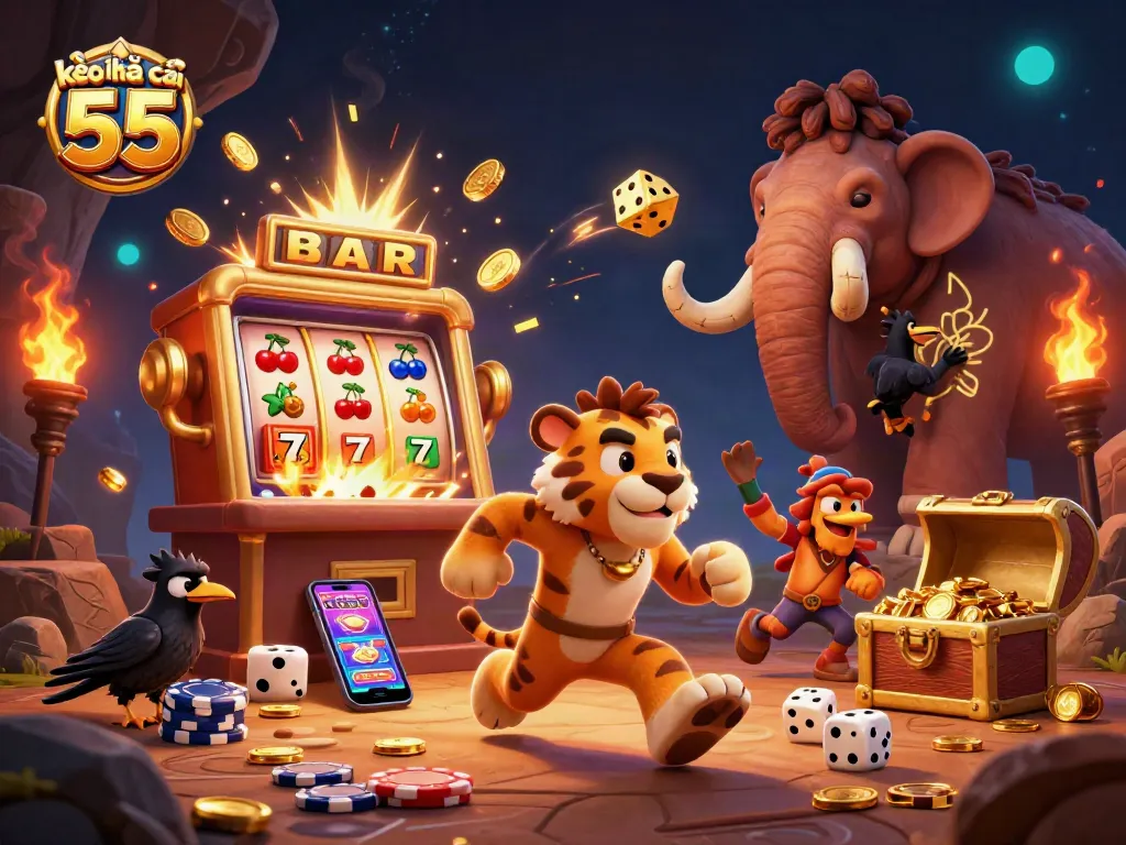 Bet on kèo nhà cái 55 with a lively prehistoric casino scene featuring cavemen and jackpots.