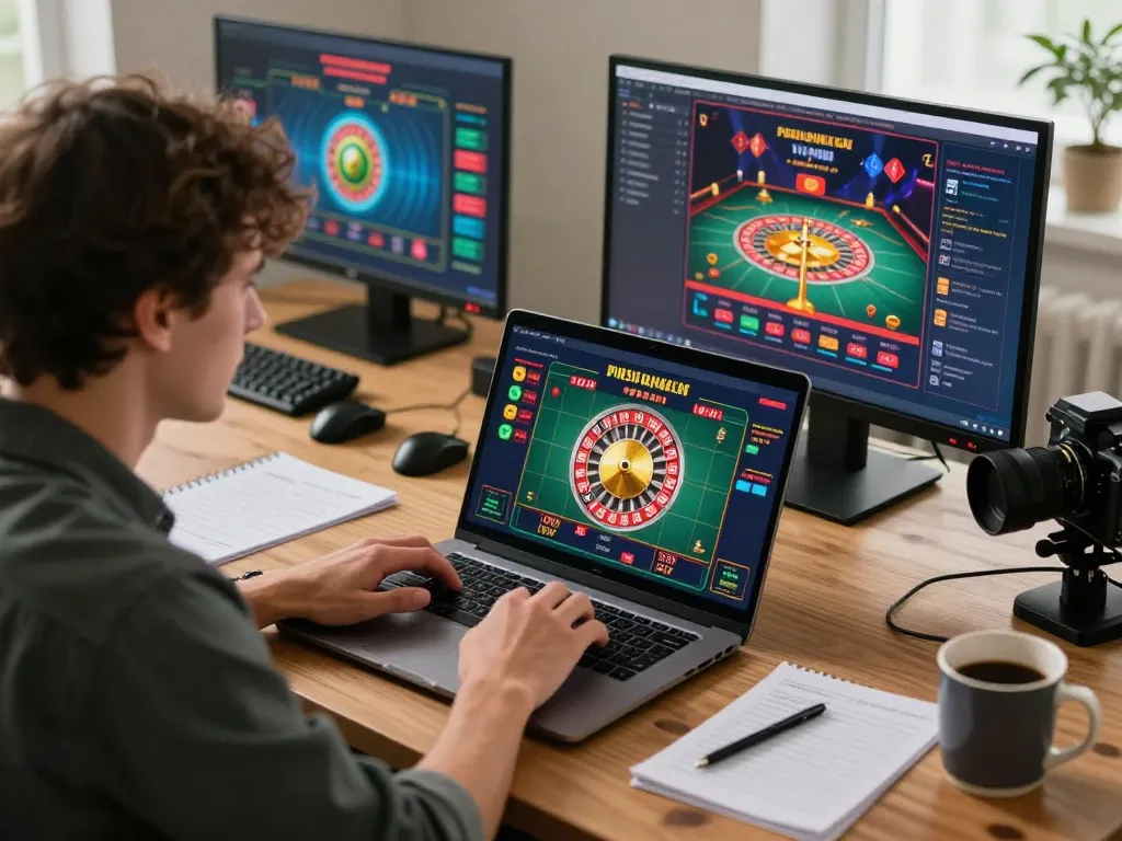 Pemain yang terlibat dengan permainan roulette online ap686 di kantor rumah yang nyaman, fokus pada keputusan strategis.