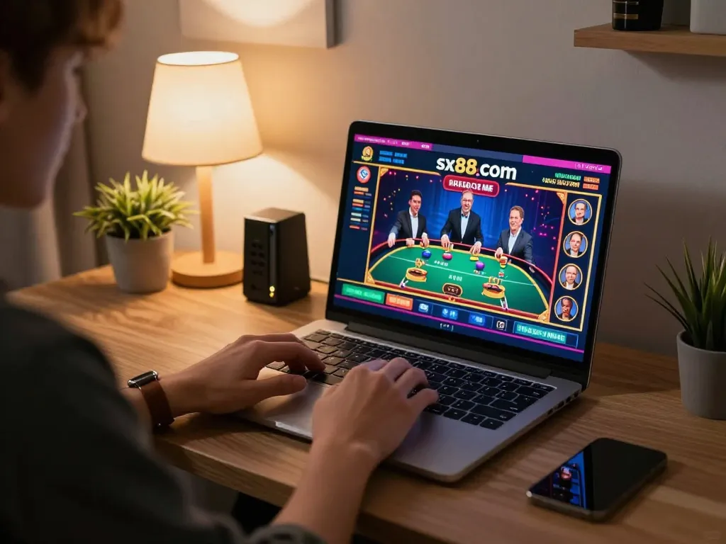 Engaging online gaming session on sx88 com showcasing live dealer interface in a cozy home setting